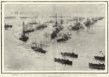 Farvel! Søværnets sidste hilsen til dronning Victoria, Alberta, der passerer gennem flåden ved Spithead